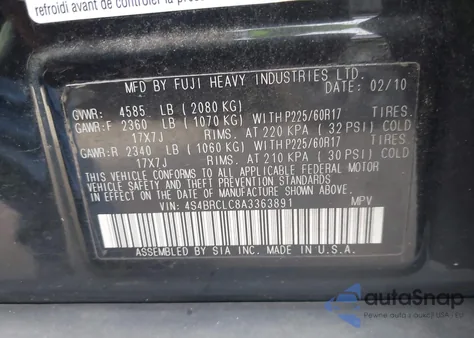 2010 Subaru Outback 2.5I Limited from USA, damaged, VIN 4S4BRCLC8A3363891